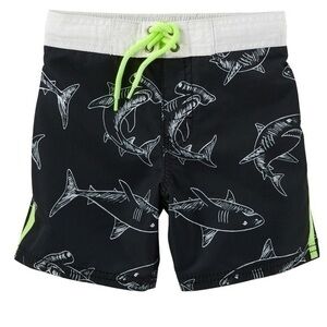 Kids Swim Shorts with Shark Print - Black and Green